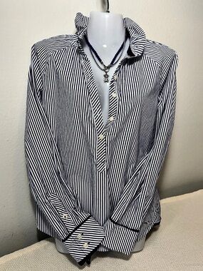 Vineyard Vines Blue Stripe Ruffle Neck Long Sleeve Popover Shirt Size 4